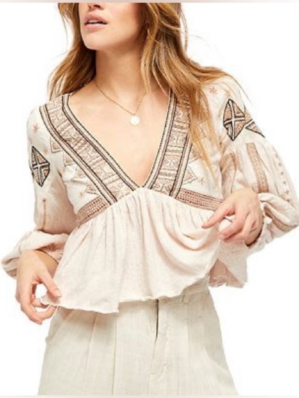 Free People Aria Pink Embroidered Crochet Peasant Blouse Balloon Sleeve Small